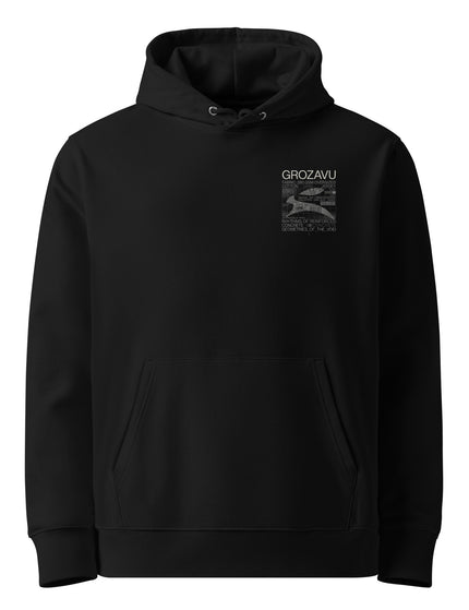Grozavu Essential Eco Hoodie in black organic cotton with a small print on the chest, front view