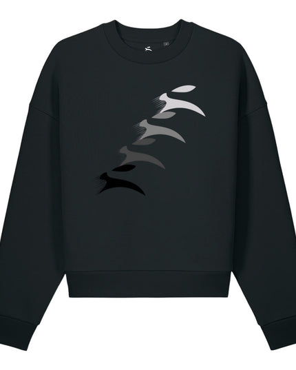 Grozavu Sculpted Hare Crewneck in black 500 g/m² fleece with leaping hare print, front view