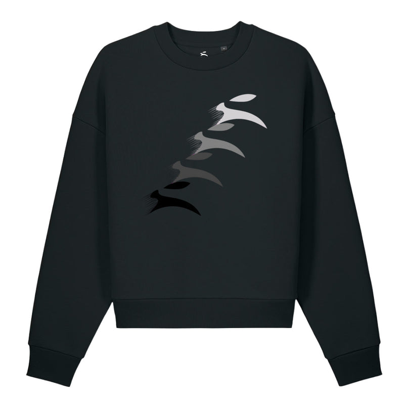 Grozavu Sculpted Hare Crewneck in black 500 g/m² fleece with leaping hare print, front view