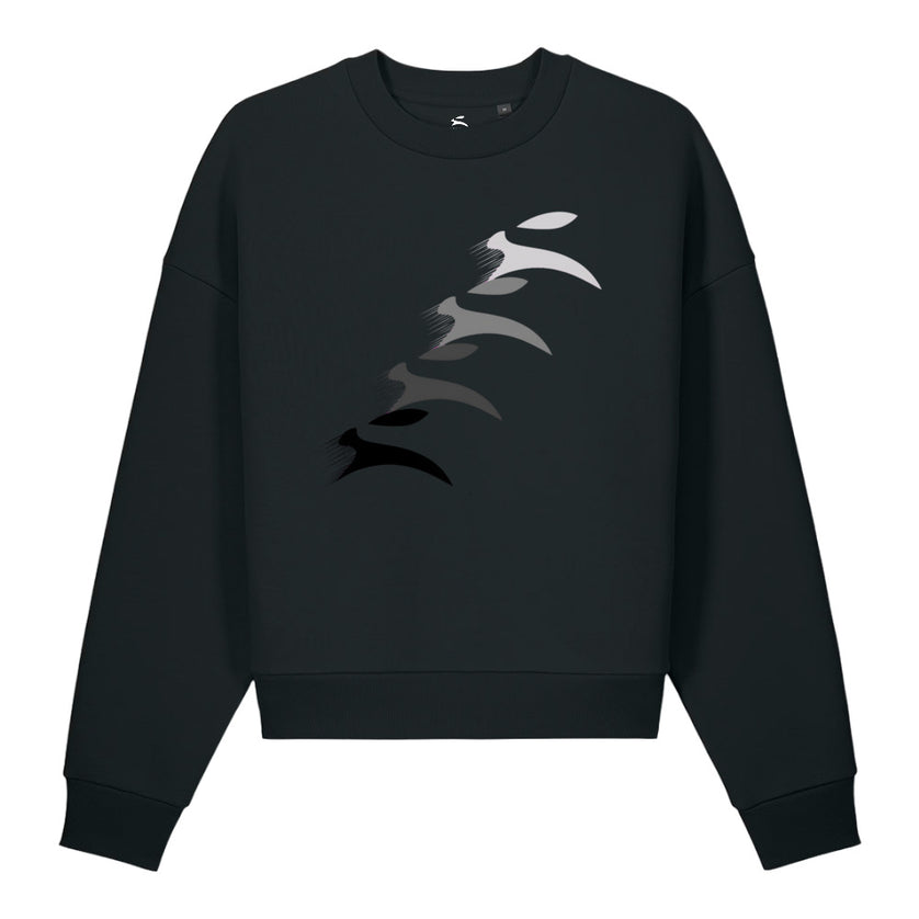 Grozavu Sculpted Hare Crewneck in black 500 g/m² fleece with leaping hare print, front view