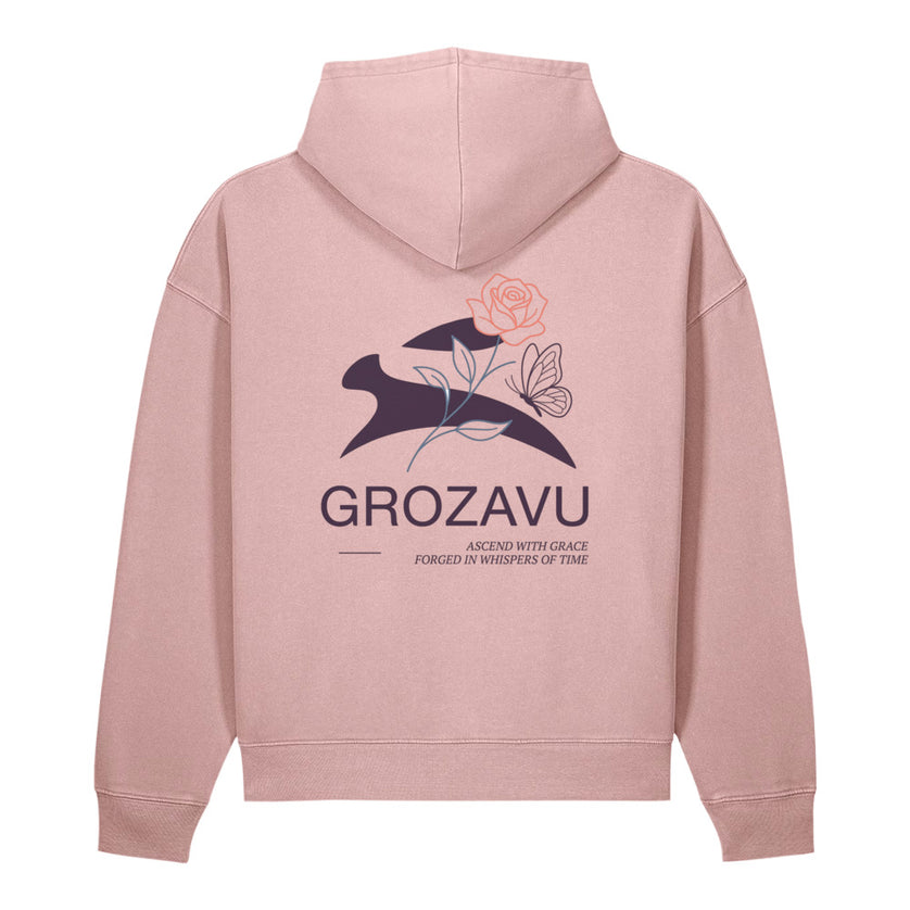 Grozavu Garment-Dyed Vintage Hoodie in blush pink 330 g/m² fleece, back view