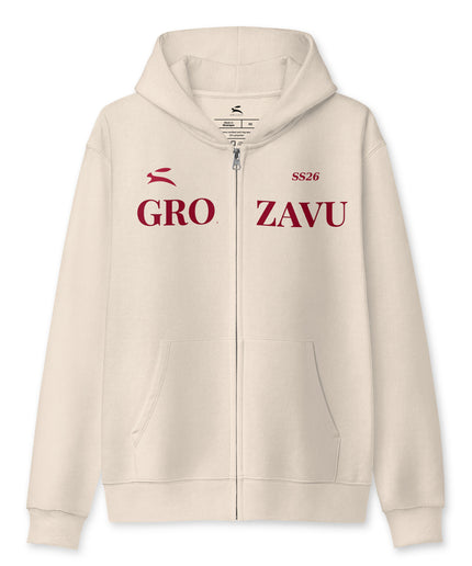Grozavu full-zip hoodie in 339 g/m2 three-end fleece, metal zip