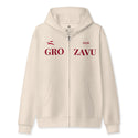 Grozavu full-zip hoodie in 339 g/m2 three-end fleece, metal zip