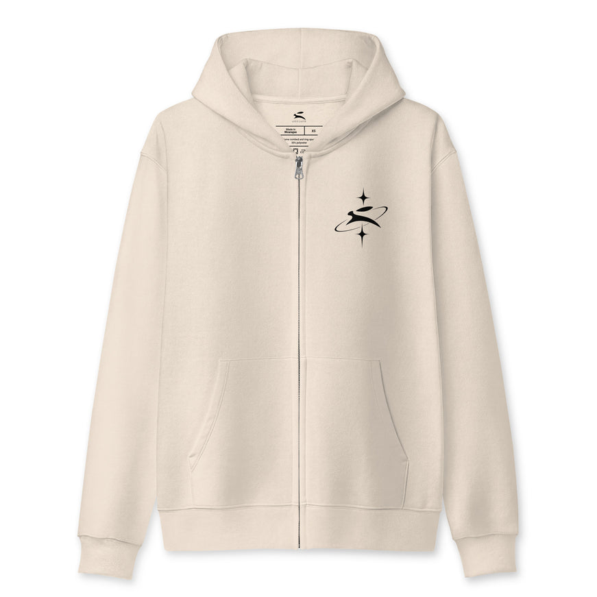 Grozavu Orbit Hare Zip Hoodie in dust with the hare and orbit on the chest, front view