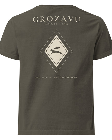Heritage Diamond Tee in washed charcoal, back view with the GROZAVU Heritage print