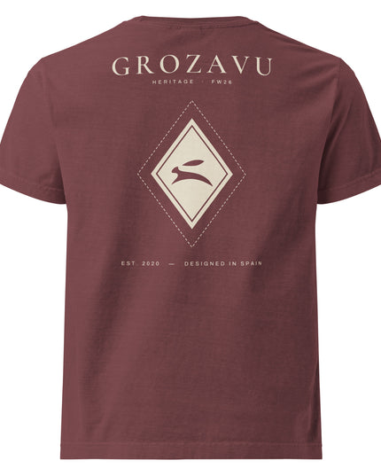 Heritage Diamond Tee in washed maroon, back view with the GROZAVU Heritage print
