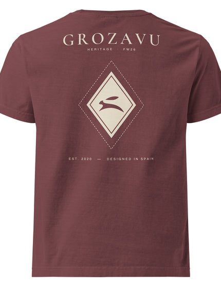 Heritage Diamond Tee in washed maroon, back view with the GROZAVU Heritage print
