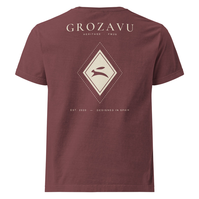 Heritage Diamond Tee in washed maroon, back view with the GROZAVU Heritage print