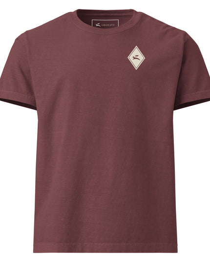 Heritage Diamond Tee in washed maroon, front view with the hare diamond on the chest