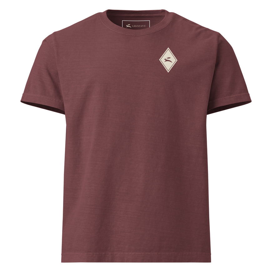 Heritage Diamond Tee in washed maroon, front view with the hare diamond on the chest