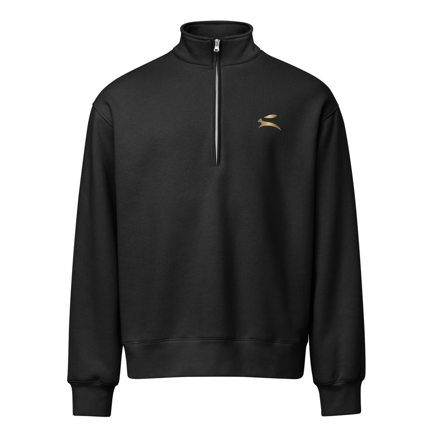 Grozavu Gold Hare Half-Zip in black with the gold hare on the chest, front view