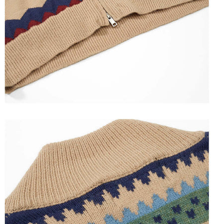 Jacquard Knit Pullover Sweater showing zipper details and patterned design in beige, blue, and green colors.