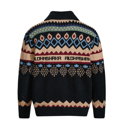 Jacquard Knit Pullover Sweater with colorful geometric pattern and high collar design, showcasing a relaxed fit.