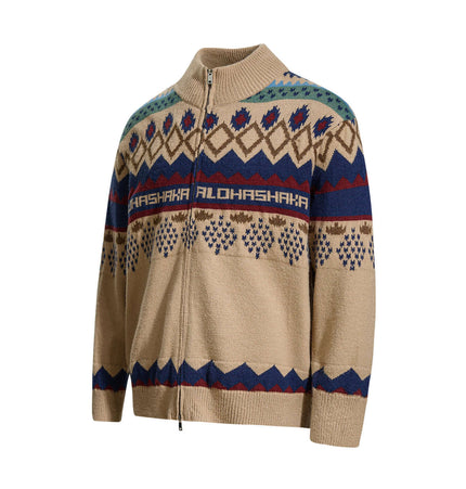 Unisex Jacquard Knit Pullover Sweater with zip front and colorful geometric patterns.