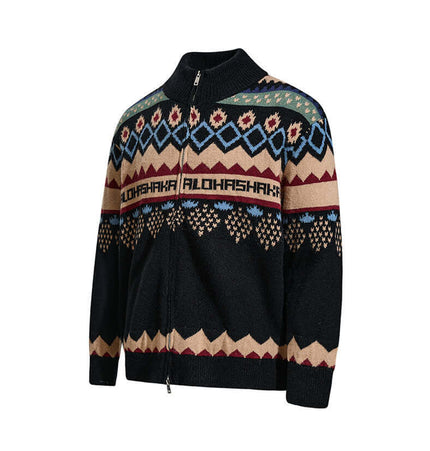 Jacquard Knit Pullover Sweater featuring a unique design with a zip-up collar and colorful geometric patterns.