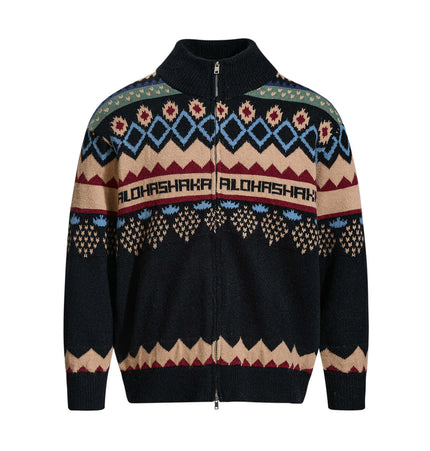Jacquard Knit Pullover Sweater showcasing a stylish zippered design with vibrant geometric patterns.