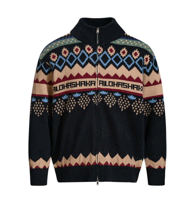 Jacquard Knit Pullover Sweater showcasing a stylish zippered design with vibrant geometric patterns.