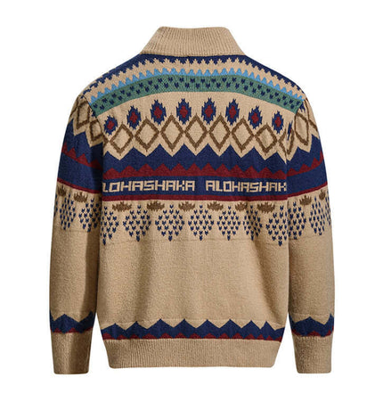 Back view of the Jacquard Knit Pullover Sweater featuring colorful geometric patterns and a cozy design.