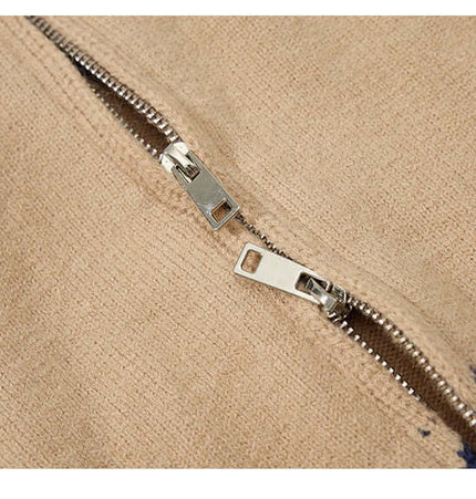 Close-up view of the zipper detail on the Jacquard Knit Pullover Sweater, showcasing its quality craftsmanship.