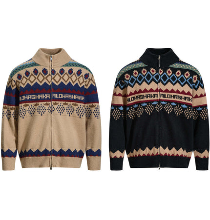 Jacquard Knit Pullover Sweater in beige and black with geometric designs and zip front, offering stylish warmth.