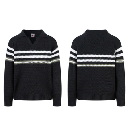 Loose Fit Plain Knit Sweater with black and white striped design, casual style for unisex wear.