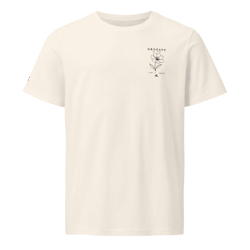 Maison Grozavu Tailored Monochrome Tee in Vintage White — front view showing clean organic cotton drape and structured 1x1 ribbed collar