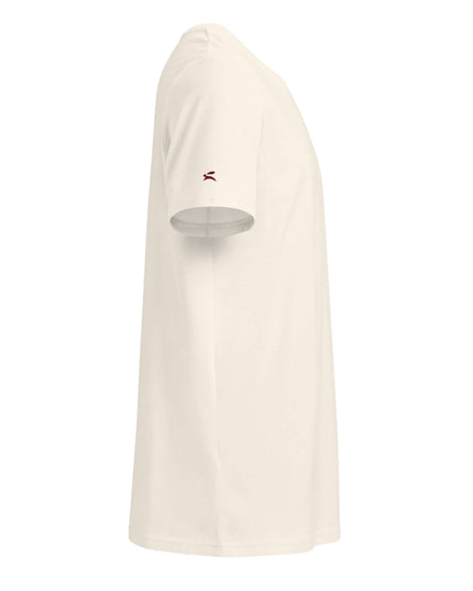 Tailored Monochrome Tee Vintage White — right-side profile showing the set-in sleeve seam and mid-length hem
