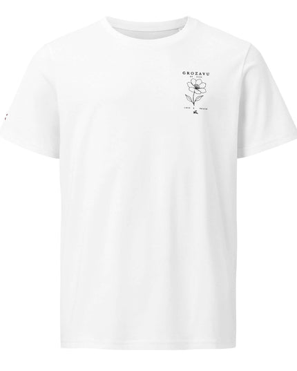Maison Grozavu Tailored Monochrome Tee in White — front view of the pure white variant with structured collar and precise hem detail