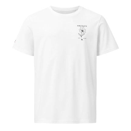 Maison Grozavu Tailored Monochrome Tee in White — front view of the pure white variant with structured collar and precise hem detail