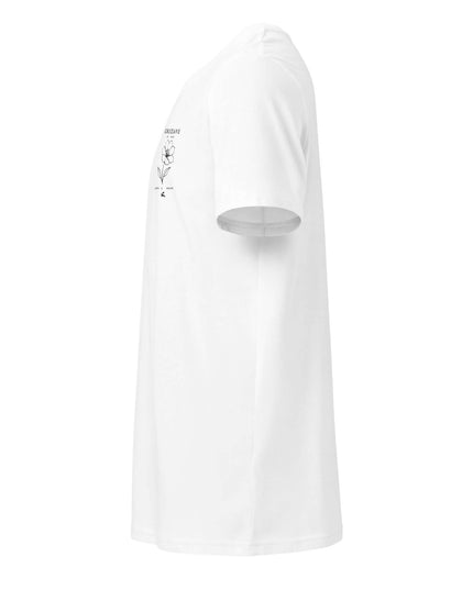 Tailored Monochrome Tee White — left-side angle showing the clean sleeve join and mid-length hem alignment