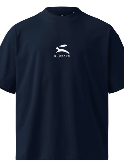 Close-up of French Navy organic oversized neck t-shirt fabric