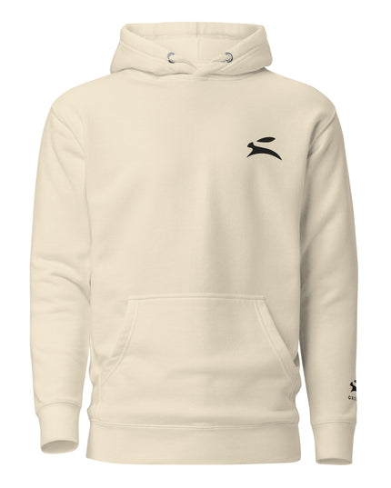 Grozavu Women's Pullover Hoodie in bone with the hare on the chest, front view