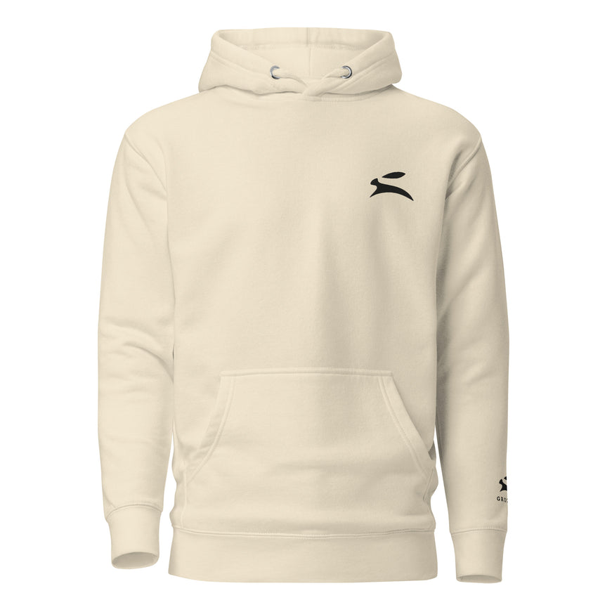 Grozavu Women's Pullover Hoodie in bone with the hare on the chest, front view