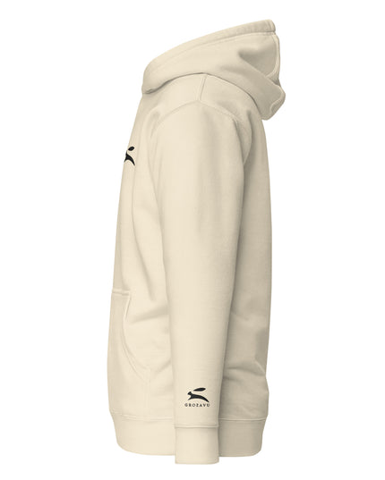 Grozavu Women's Pullover Hoodie in bone with the hare on the chest, left side view