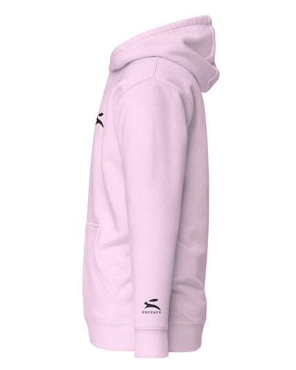 Grozavu Women's Pullover Hoodie in lavender with the hare on the chest, left side view