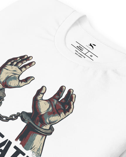 Close-up of the print on the white Patriot T-shirt