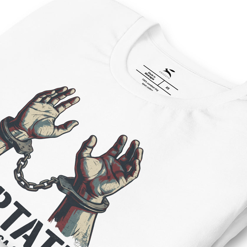 Close-up of the print on the white Patriot T-shirt
