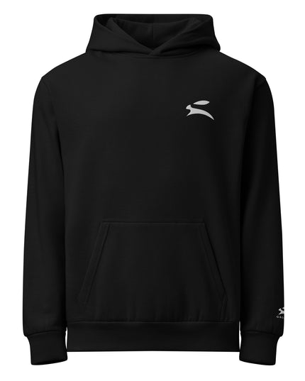 Grozavu Urban Hoodie in black, 340 g/m² oversized fleece with the hare on the chest, front view