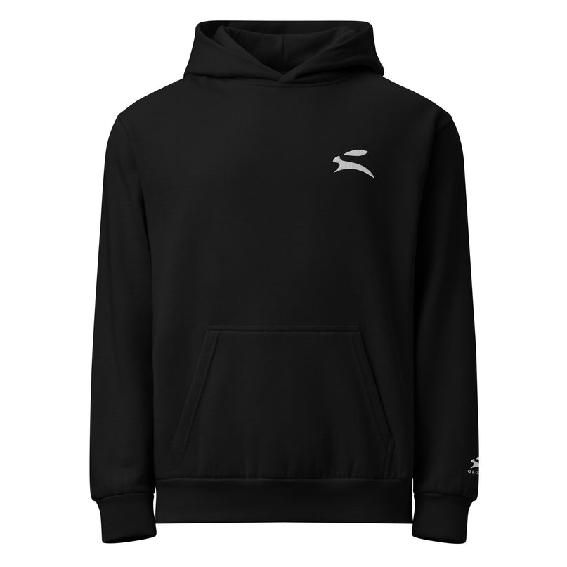 Grozavu Urban Hoodie in black, 340 g/m² oversized fleece with the hare on the chest, front view