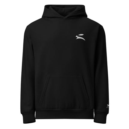 Grozavu Urban Hoodie in black, 340 g/m² oversized fleece with the hare on the chest, front view