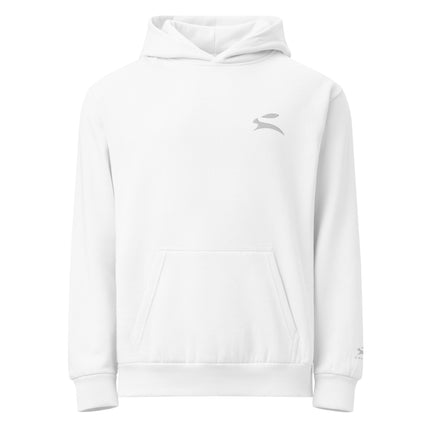 Grozavu Urban Hoodie in white, 340 g/m² oversized fleece with the hare on the chest, front view