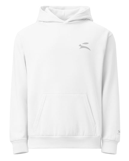Grozavu Urban Hoodie in white, 340 g/m² oversized fleece with the hare on the chest, front view