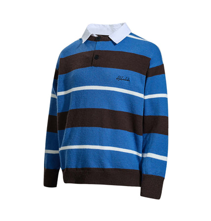 Casual Two-Piece Knitwear with Collar in blue and brown stripes featuring a shirt collar mock design.