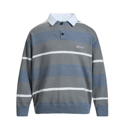 Casual Two-Piece Knitwear with Collar in gray and blue stripes featuring a flip collar shirt neckline.
