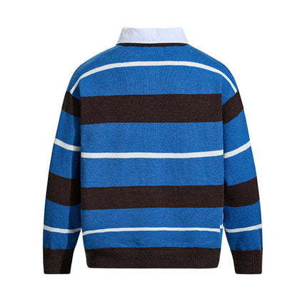 Casual Two-Piece Knitwear with Collar in blue and brown stripes, featuring a mock shirt collar design.