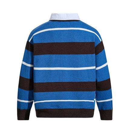 Casual Two-Piece Knitwear with Collar in blue and brown stripes, featuring a mock shirt collar design.