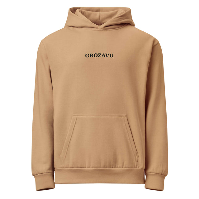 Urban Garment Dyed Hoodie – Loose Fit in tan color with front pocket and GROZAVU logo on chest.