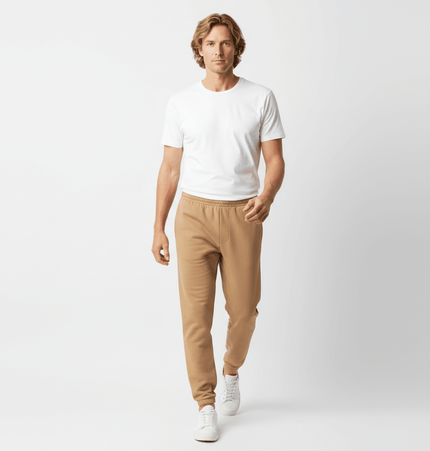 Urban Heavyweight Fleece Sweatpants worn by a man in a white t-shirt, showcasing a stylish streetwear look.