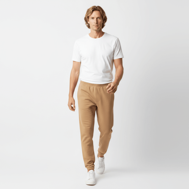 Urban Heavyweight Fleece Sweatpants worn by a man in a white t-shirt, showcasing a stylish streetwear look.