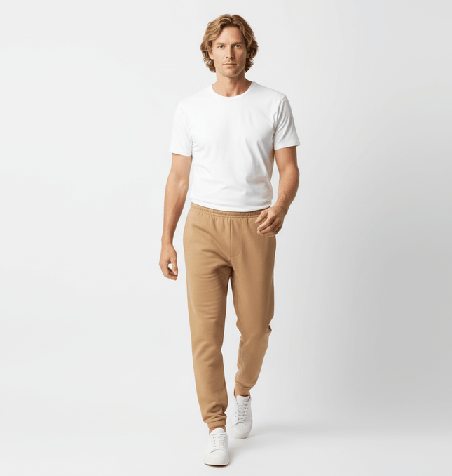 Urban Heavyweight Fleece Sweatpants worn by a man in a white t-shirt, showcasing a stylish streetwear look.